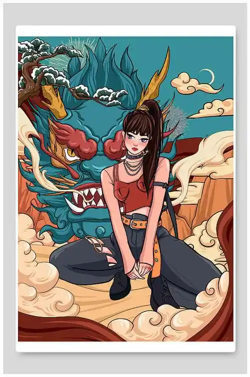 时尚高端大气绿黄手绘国潮人物插画