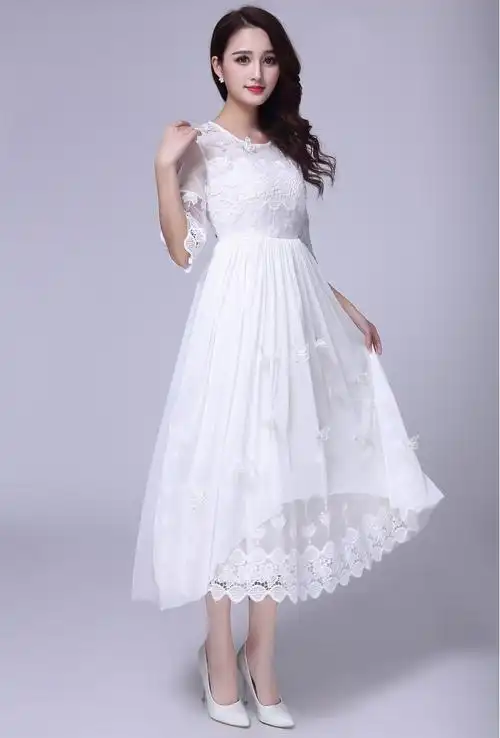 实拍夏新款刺绣中袖蕾丝长裙 韩版气质薄纱中长款度假连衣裙