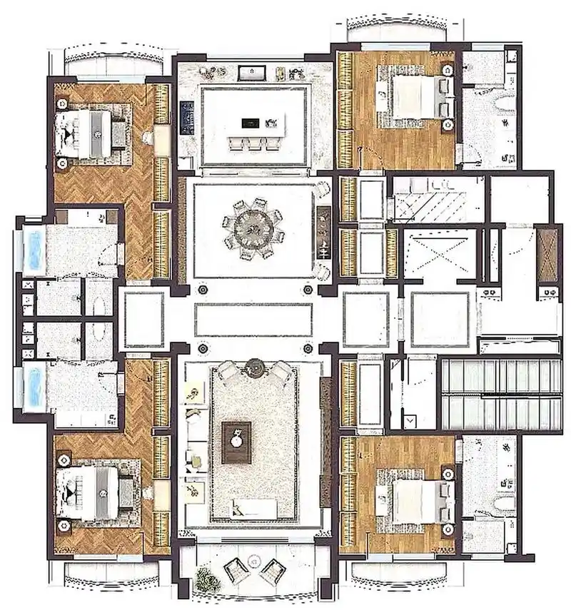 这套330平米的大平层,整体布局好特别,四个房间分别在四个角落,这样的