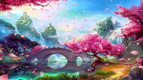 梦幻仙境般花园樱花四落小桥流水绿草丛生古风视频素材-92素材网