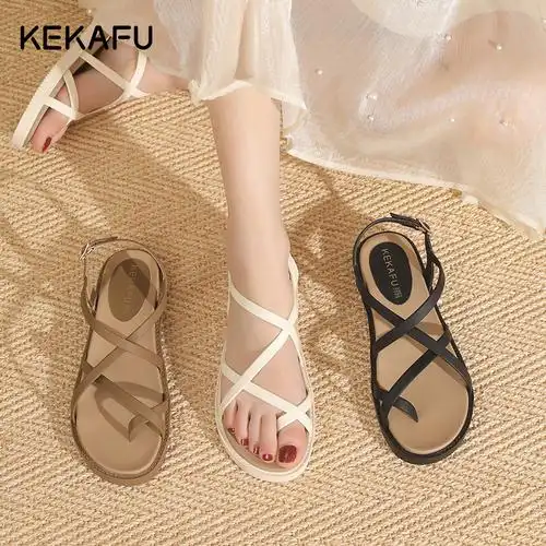 珂卡芙法式凉鞋女2023夏季新款平底沙滩鞋女款仙女风夹趾罗马凉鞋