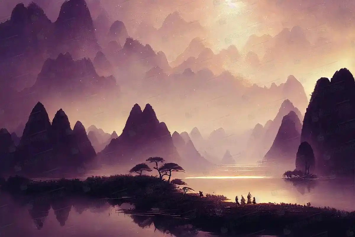 水墨山水,灯火阑珊.#国风 #原创 #插画 #壁纸 #数字艺 - 抖音