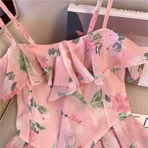 实拍~法式荷叶边碎花吊带雪纺衫纯欲无袖背心甜辣抹胸露背上衣 - 17网