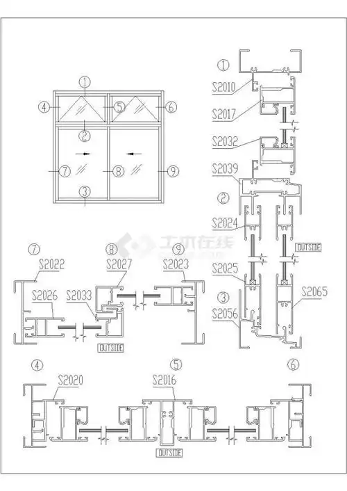 某推拉平开复合窗cad设计平面图