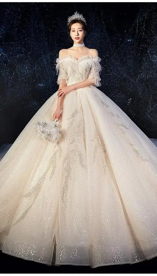 婚纱礼服2022新款森系新娘拖尾一字肩网红抖音超仙梦幻豪华奢侈女