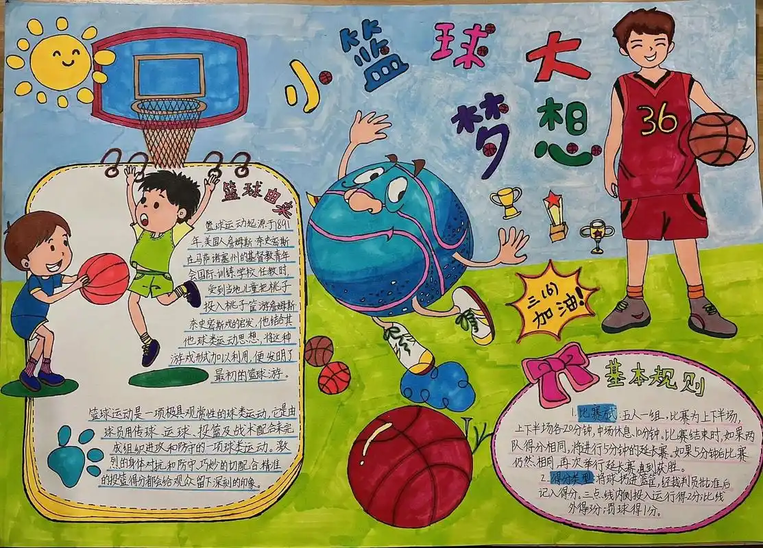篮球节手抄报# #篮球节手抄报# 标题小篮球大梦想有点画小了,4开的纸