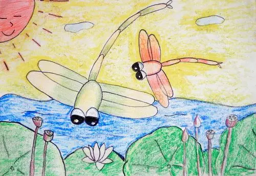 蜻蜓点水 儿童画蜻蜓,蜡笔画蜻蜓