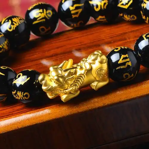 蒂蔻 大版貔貅黄金手链男士款本命年足金六字箴言黑玛瑙路路通手串自