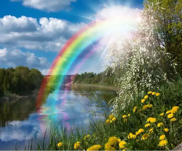 河边风景花草彩虹钻石画