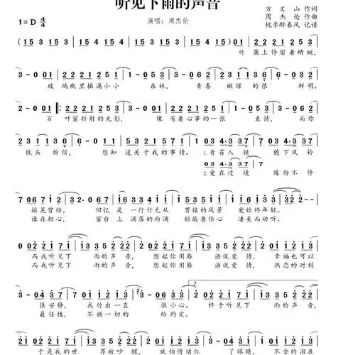 歌谱 > 正文    《听见下雨的声音》由方文山作词,周杰伦作曲,魏如昀