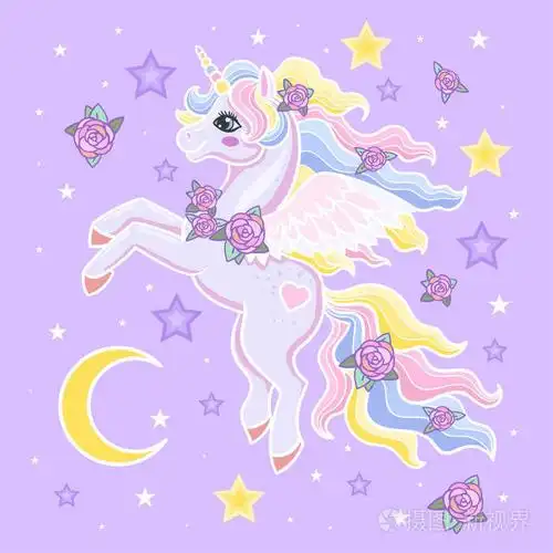 卡通彩虹独角兽与翅膀在星星之间的丁香背景. 用于设计打印海报等.