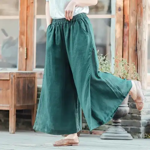 2022春夏款纯色苎麻九分裤森女系双层高开衩女式阔腿裤麻料大脚裤
