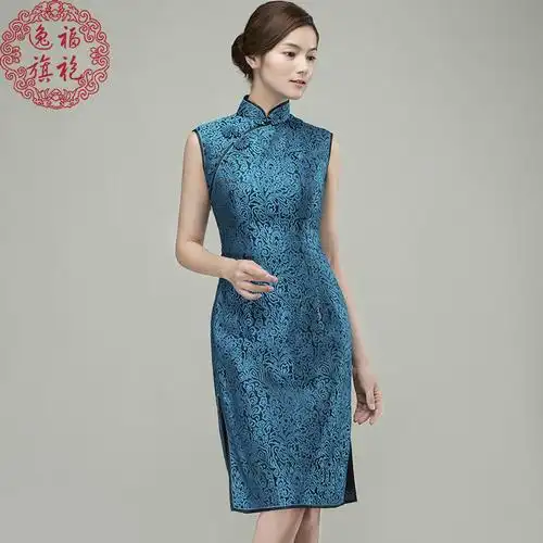 逸福凤尾花年轻旗袍短款 孔雀蓝色织锦缎 夏季新款 无袖手工