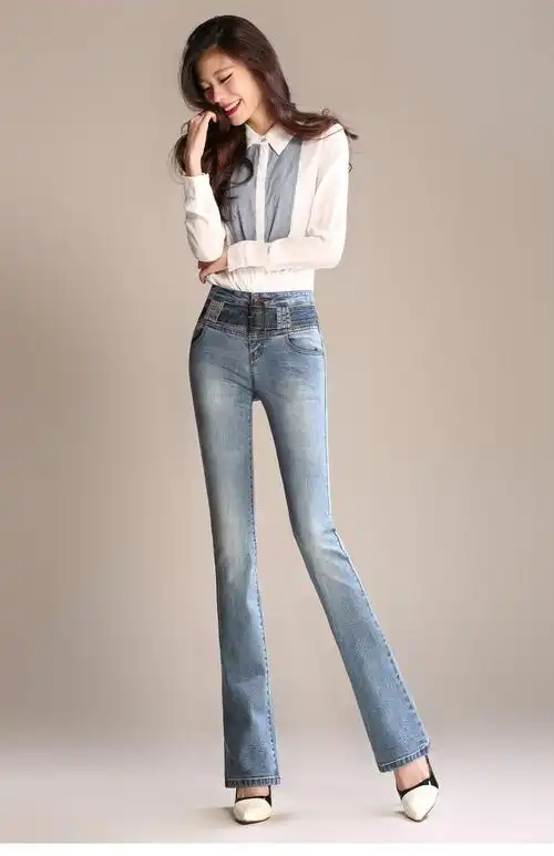 2019春季新款高腰微喇牛仔裤女长裤直筒显瘦加长款小喇叭裤韩版-销巴