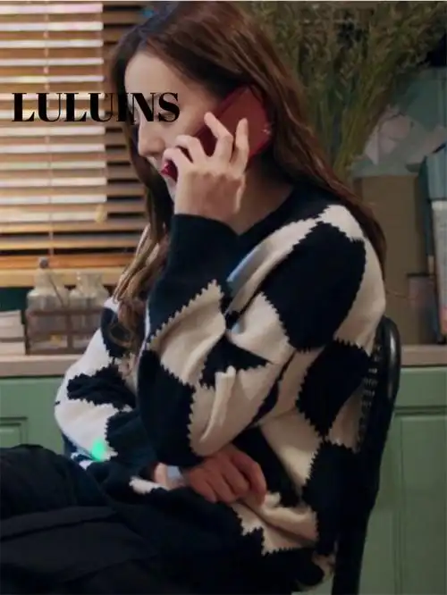 luluins正品迪丽热巴明星同款衣服黑白菱格毛衣毛针织衫