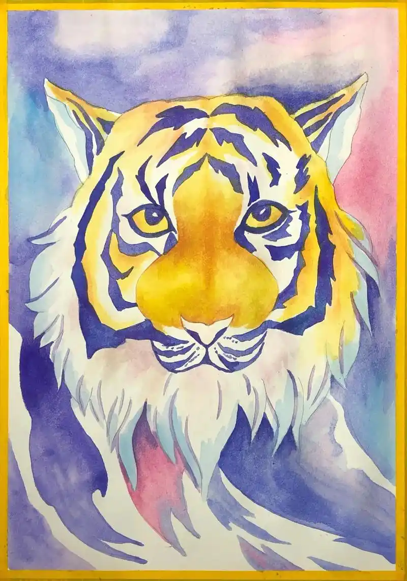9-12岁儿童画水彩画《老虎》创意水彩画儿童   儿童画水彩 - 抖音