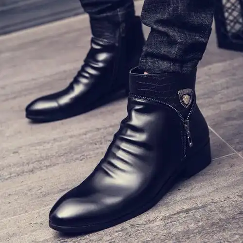 尖头皮靴男士中筒