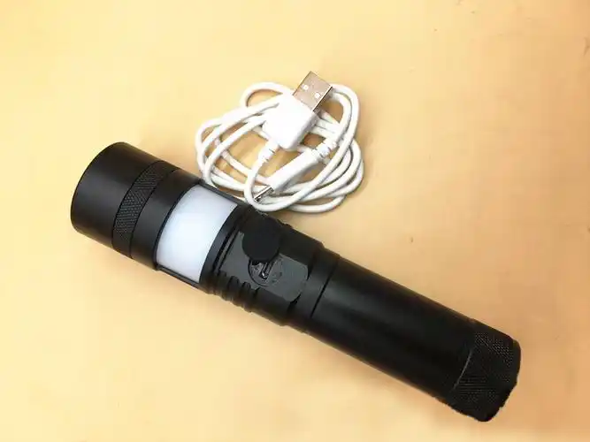 户外多功能t6强光手电筒0红蓝警示野营灯铝合金micro usb充电三星