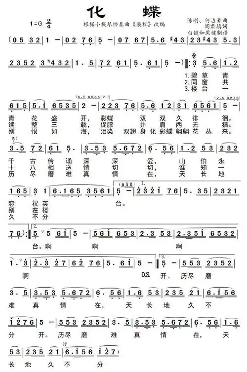化蝶 根据小提琴协奏曲 梁祝 改编 小提琴谱 简谱