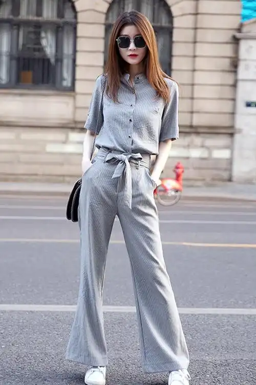 2021年新款秋款女装条纹时尚阔腿裤套装气质女神范两件套洋气