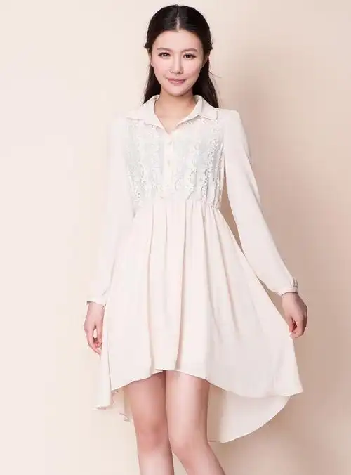 kopa 米色蕾丝拼接翻领雪纺裙长袖连衣裙