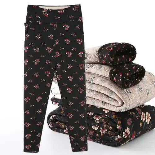 女冬季驼绒棉裤中老年三层加绒加厚高腰大码宽松保暖裤妈妈花棉裤