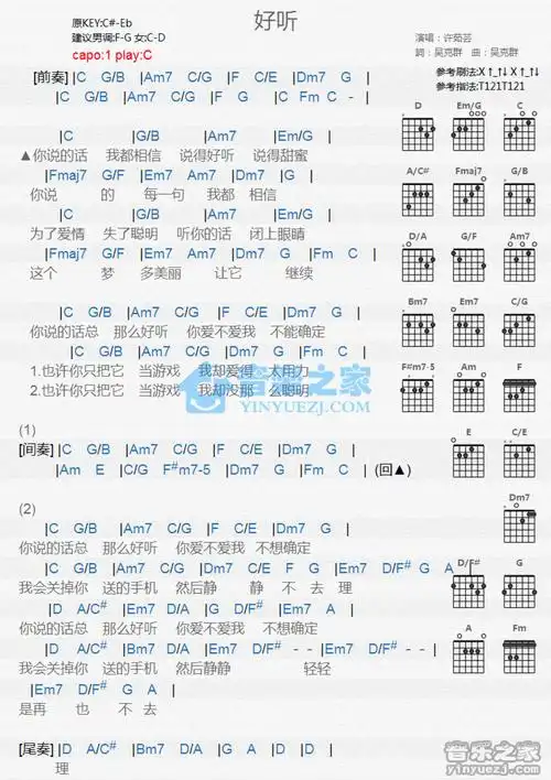 许茹芸好听吉他谱c调吉他弹唱谱和弦谱