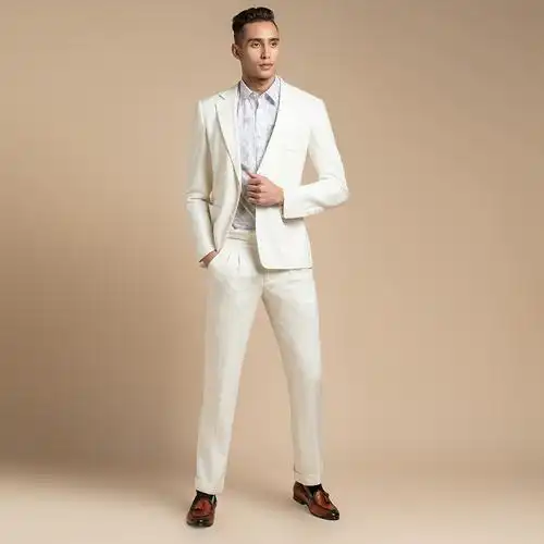 gievescharles春夏新款商务休闲男士优质亚麻白色西服套装