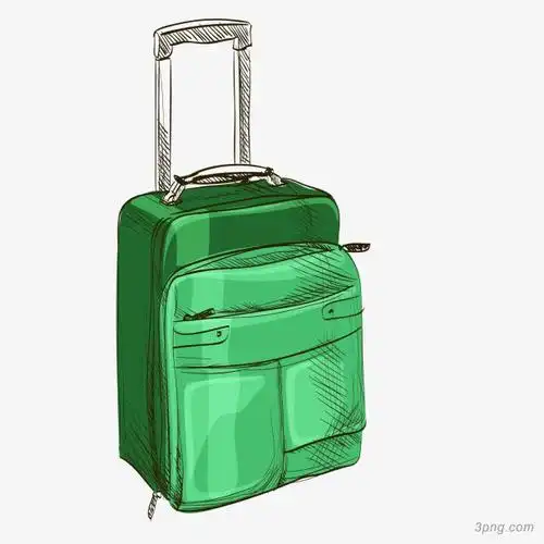 手绘绿色的行李箱设计png素材透明免抠图片-卡通手绘