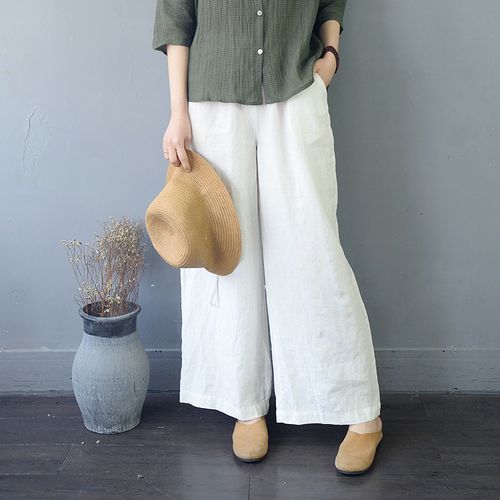 柒白亚麻阔腿裤女夏垂感文艺松紧腰宽松九分白色显瘦百搭禅意裤子