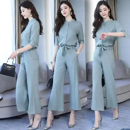 时尚女神范高腰阔腿裤套装女女士夏款新品时髦气质衬衣条纹两件套