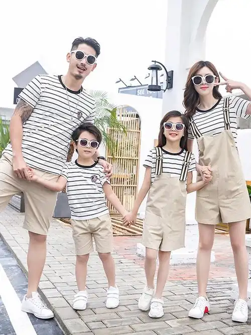亲子装夏装2021新款潮时尚条纹父子母女一家三口四口全家庭装套装