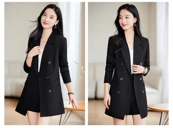小个子中长款黑色西装外套女秋冬季新款设计感高端双排扣长袖上衣