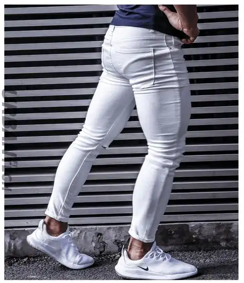 肌肉男牛仔裤紧身弹力健身运动修身潮流训练破洞休闲长裤九分裤子白色
