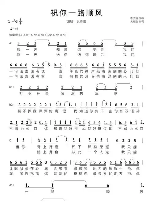 祝你一路顺风智能简谱演唱:吴奇隆