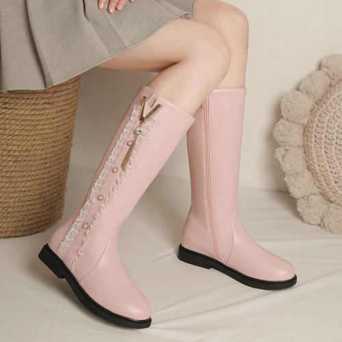 女童高筒靴子2022秋冬季儿童公主长靴小女孩粉色皮靴