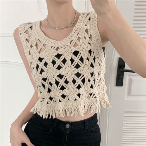 复古中国国风同心结流苏钩花镂空编织背心吊带背心吊带