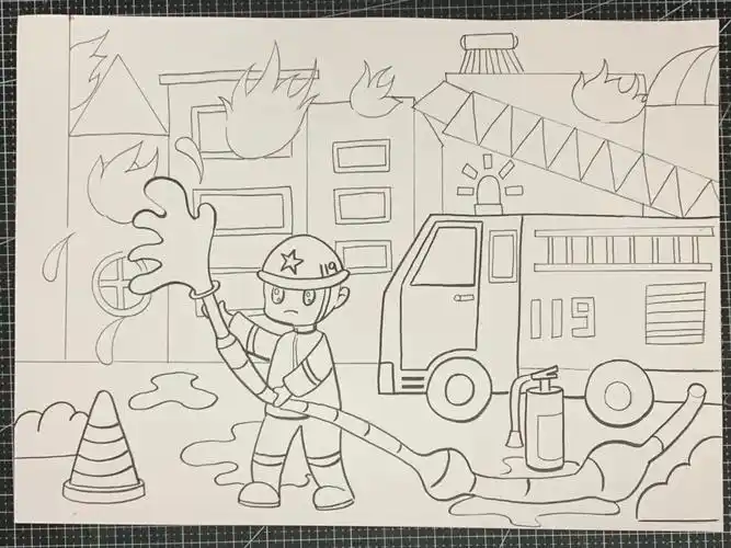 儿童创意美术  #致敬消防员  #主题画 #房子着火的简笔画