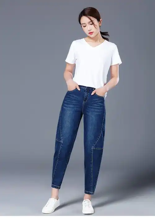 折222网 女装 牛仔裤 > 布琳达2018春夏哈伦小脚牛仔裤女高腰大码宽松