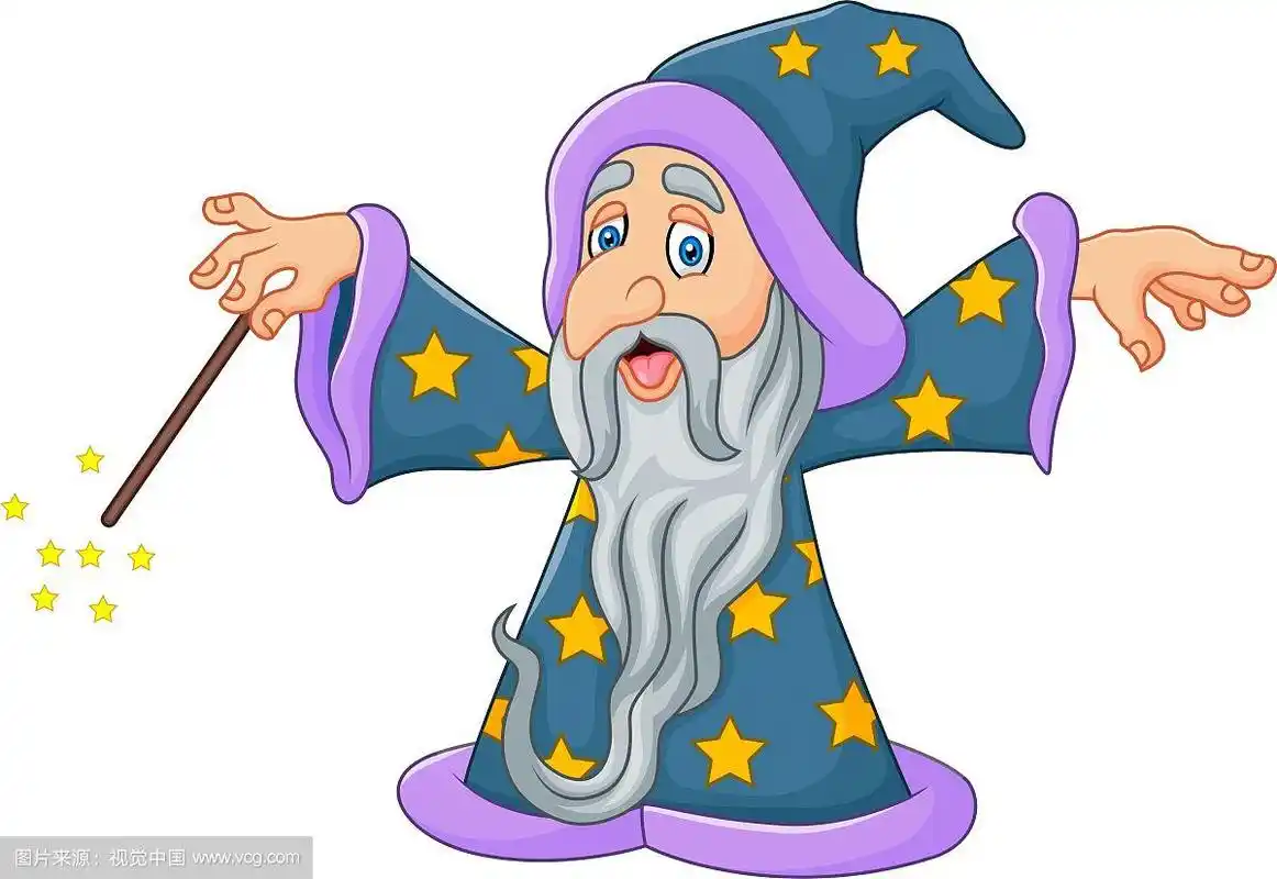 卡通巫师孤立地挥舞着他的魔杖