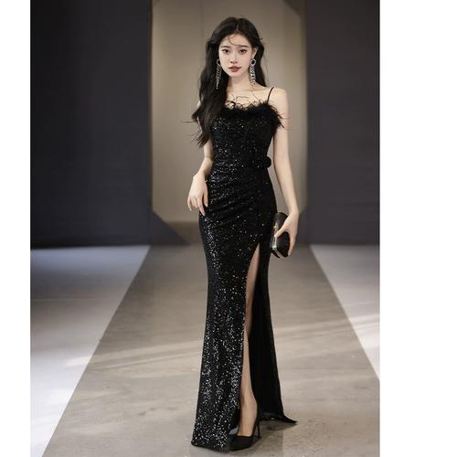 黑色晚礼服女2023新款高级感名媛年会亮片鱼尾裙轻奢小众高端冬季