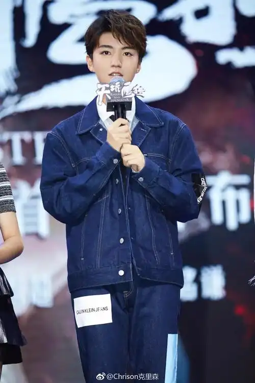 王俊凯身穿深色牛仔套装,亮相《天坑鹰猎》发布会!