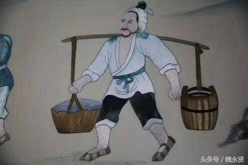 刺绣作品里的挑担者.刺绣作品里的讨饭者.《知足常乐图》刺绣作品.