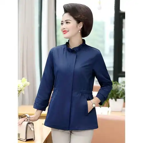 蓝旗女士衬衣宝蓝色上衣系带修身立领真丝衬衫中老年长袖设计款