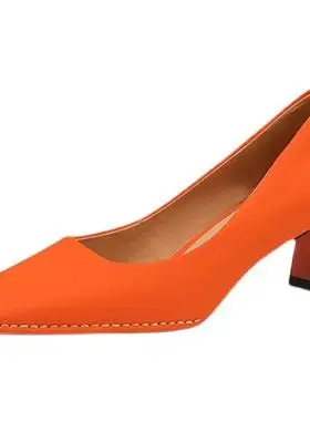 rubywu法式方头气质橙色真皮高跟鞋