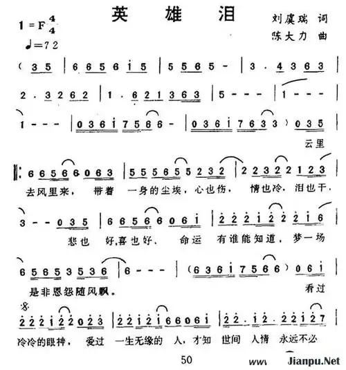 《英雄泪》简谱王杰原唱 歌谱-钢琴谱吉他谱|www.jianpu.net-简谱之家