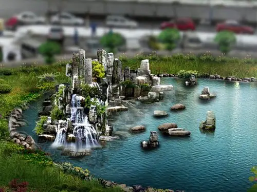 塑石假山水池效果图_绿人园林景观