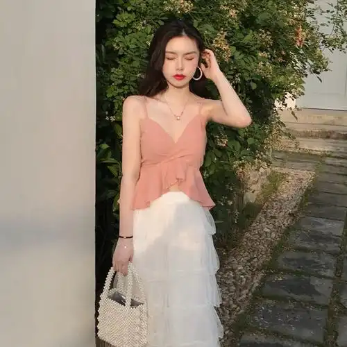 夏季荷叶边v领带上衣白色高腰多层半身裙套装纱裙显瘦长裙白色半身裙