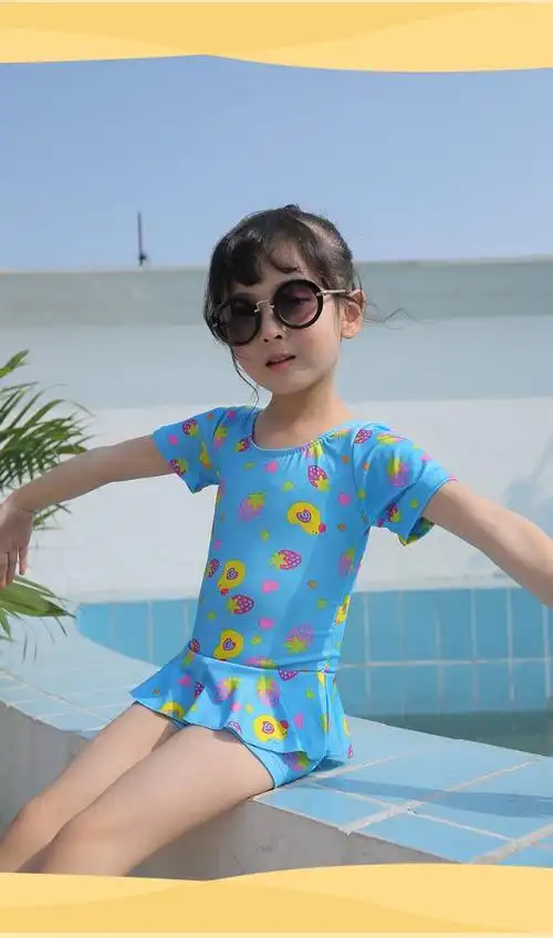 新款儿童游泳衣女孩连体泳装可爱宝宝平角裙式小童中大童学生温泉黄色