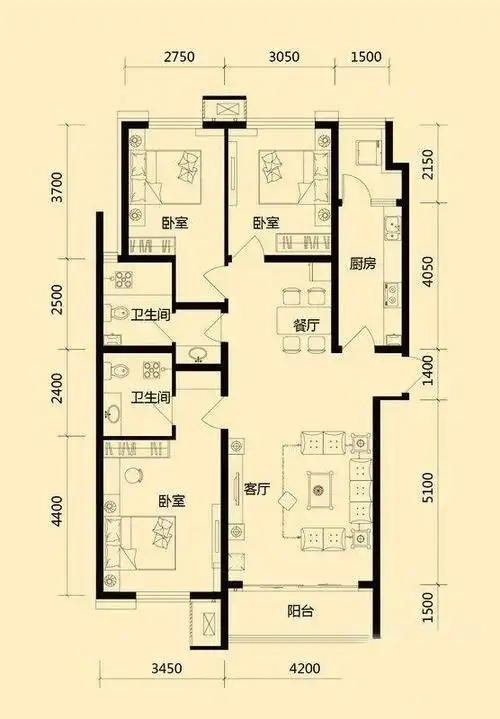 佰瑞廷137㎡三室二厅二卫一厨户型图